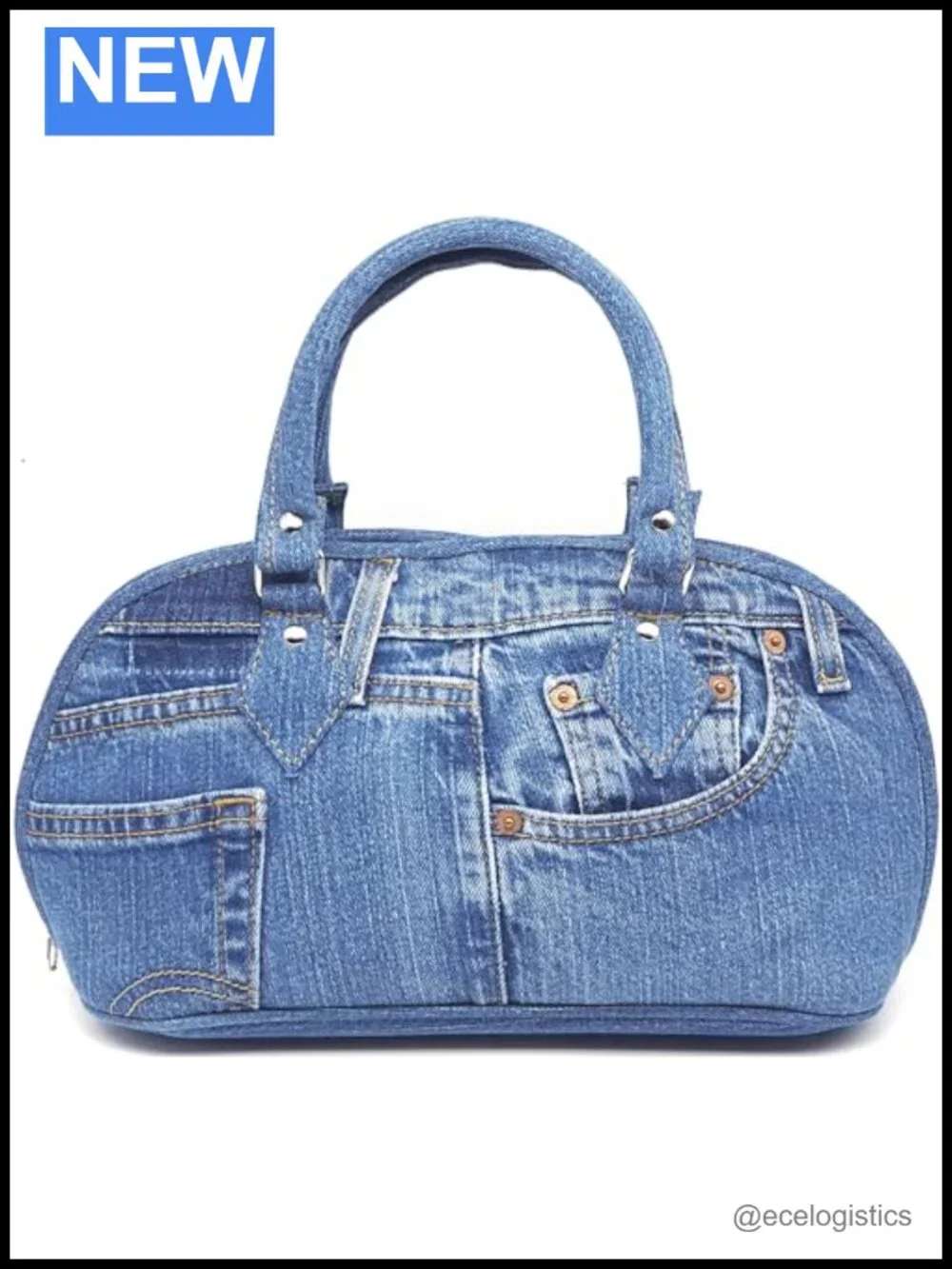Upcycled Denim Satchel Handbag Top Handle Purse Curved Zipper